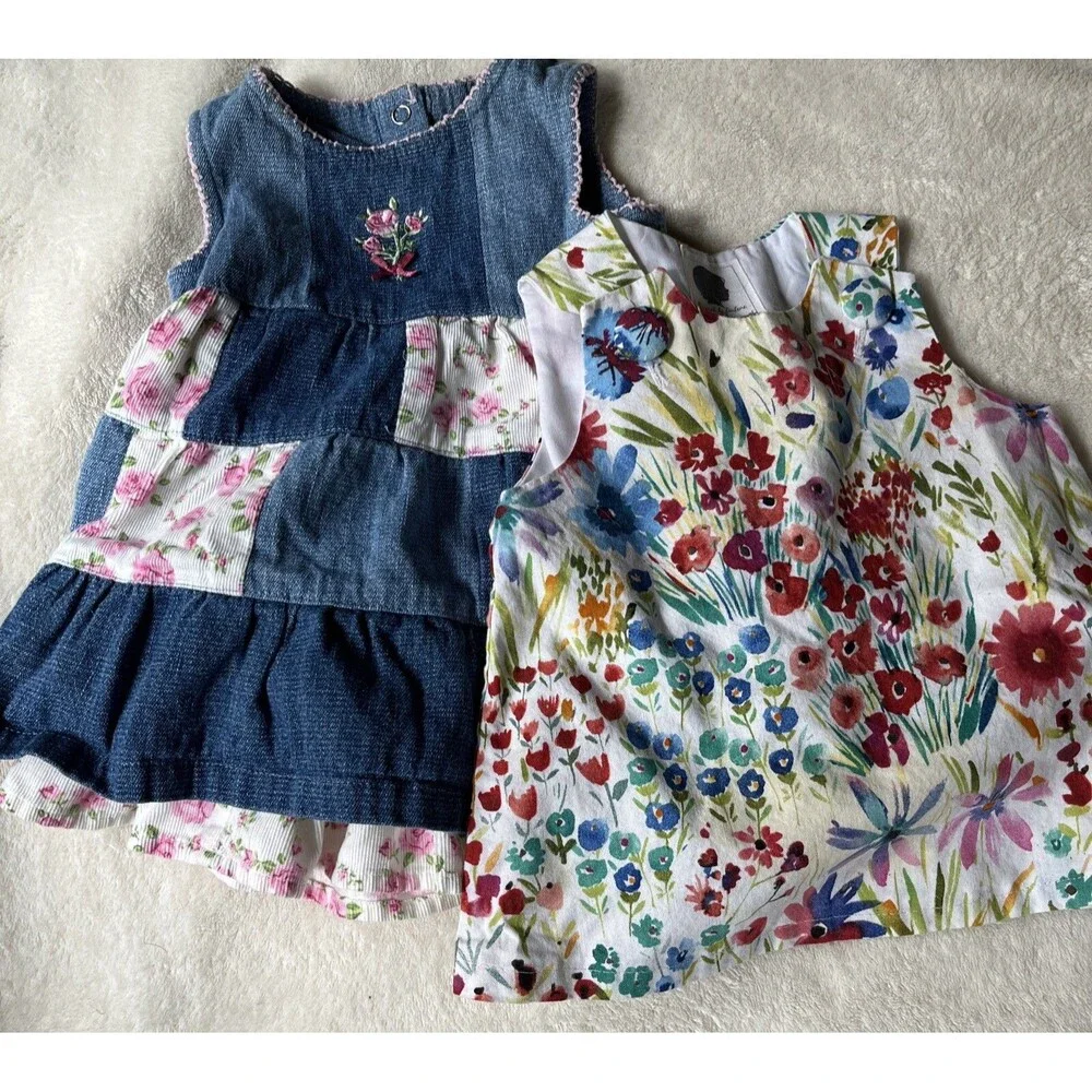 Lot of 2 Baby Girl Size 3-6 Months Sleeveless Jumper Dresses Lined Denim Floral